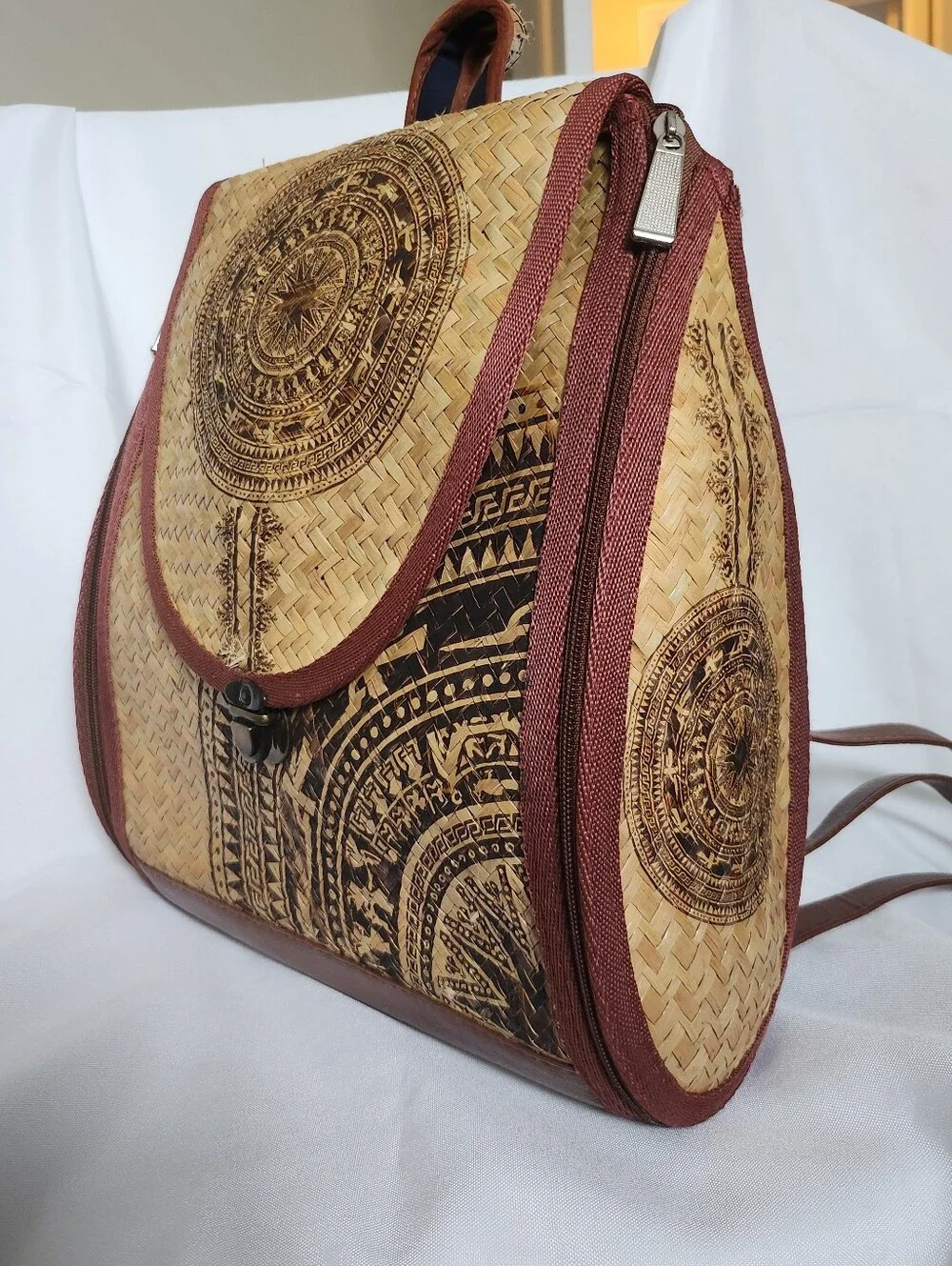 Woven Straw Backpack Tote in Natural and Brown